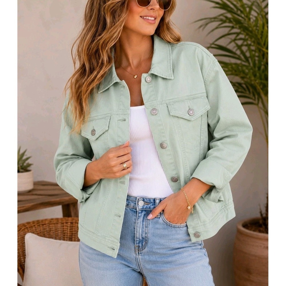 Celebrity Pink Oversized Denim Jacket XL Mint Green Cotton Stretch NWT Trucker